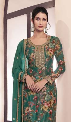 Green chinon digital print sequin embroidered semi-stitched salwar suit 2
