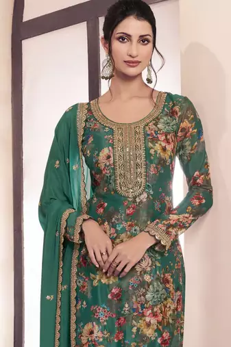 Green chinon digital print sequin embroidered semi-stitched salwar suit