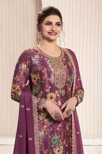 Purple chinon digital print sequin embroidered semi-stitched salwar suit