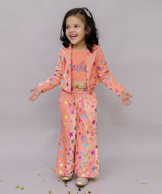 Barbie star print jacket with pant and bustier set for girls - pink 1