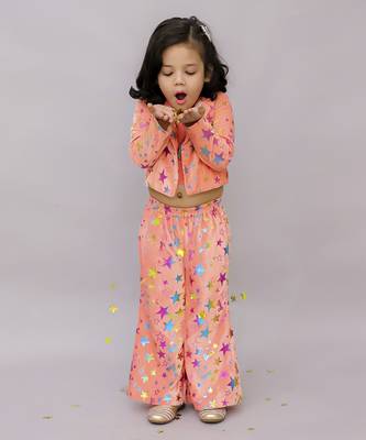 Barbie star print jacket with pant and bustier set for girls - pink 4