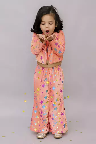 Barbie star print jacket with pant and bustier set for girls - pink