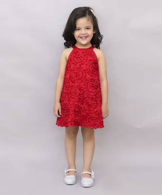 Net flower sleeveless stylish dress for girls - red 3