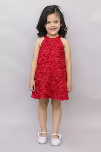 Net flower sleeveless stylish dress for girls - red