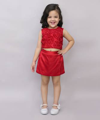 Net flower sleeveless stylish top with solid shorts sets for girls - red 1