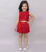 Net flower sleeveless stylish top with solid shorts sets for girls - red