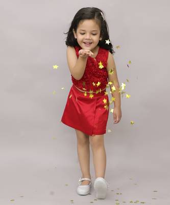 Net flower sleeveless stylish top with solid shorts sets for girls - red 2