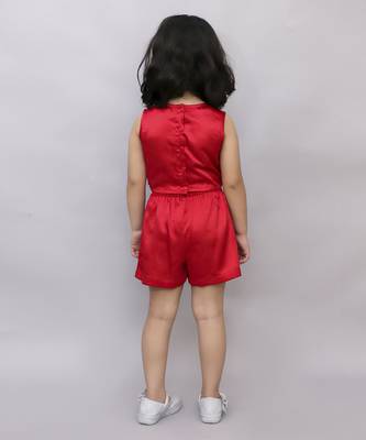 Net flower sleeveless stylish top with solid shorts sets for girls - red 5