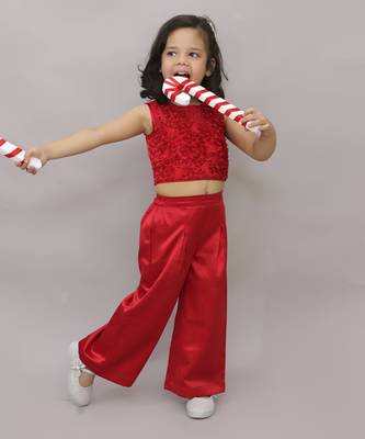Net flower sleeveless stylish top with solid pant sets for girls - red 1