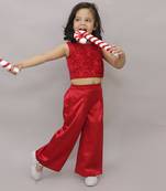 Net flower sleeveless stylish top with solid pant sets for girls - red