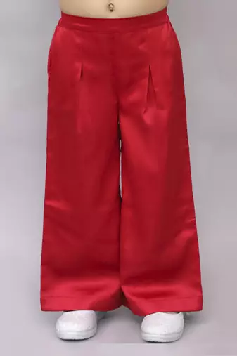 Net flower sleeveless stylish top with solid pant sets for girls - red