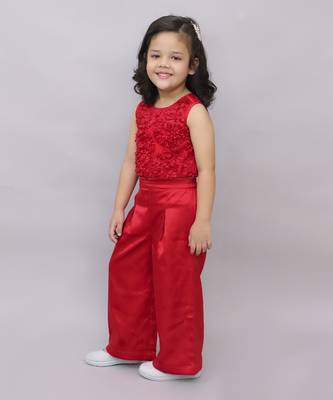 Net flower sleeveless stylish top with solid pant sets for girls - red 4