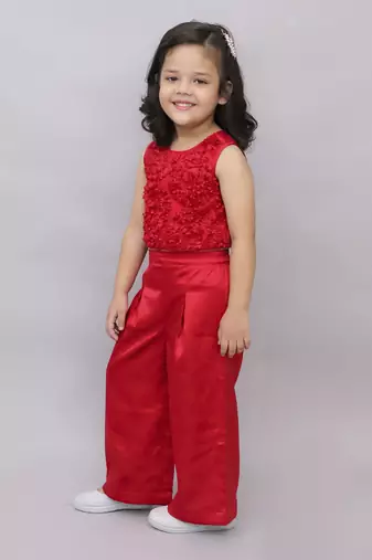 Net flower sleeveless stylish top with solid pant sets for girls - red