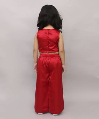 Net flower sleeveless stylish top with solid pant sets for girls - red 5