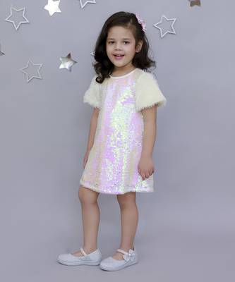 Stylish sequence embroidered dress with fur sleeve -white 1