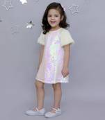 Stylish sequence embroidered dress with fur sleeve -white