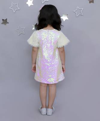 Stylish sequence embroidered dress with fur sleeve -white 2