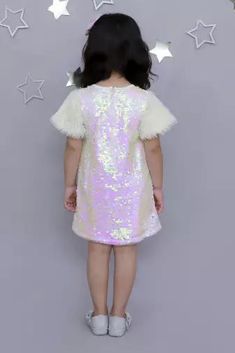 Stylish sequence embroidered dress with fur sleeve -white