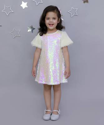 Stylish sequence embroidered dress with fur sleeve -white 3