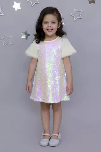 Stylish sequence embroidered dress with fur sleeve -white