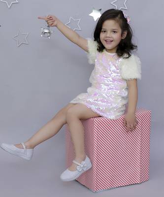Stylish sequence embroidered dress with fur sleeve -white 4