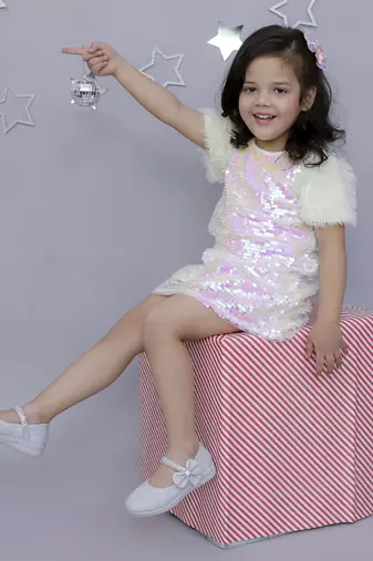 Stylish sequence embroidered dress with fur sleeve -white