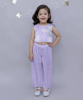 3d flower top and straight pant co-ord set for girls - lavender 1