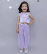 3d flower top and straight pant co-ord set for girls - lavender