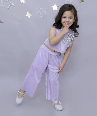 3d flower top and straight pant co-ord set for girls - lavender 2