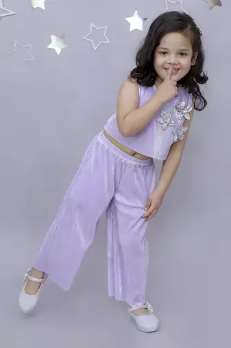 3d flower top and straight pant co-ord set for girls - lavender