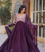Wine georgette embroidery beads sequins falred gown with heavy dupatta