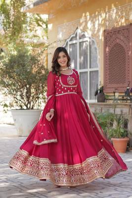 Pink georgette sequins embroidered flared gown with heavy dupatta 1