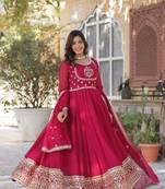 Pink georgette sequins embroidered flared gown with heavy dupatta