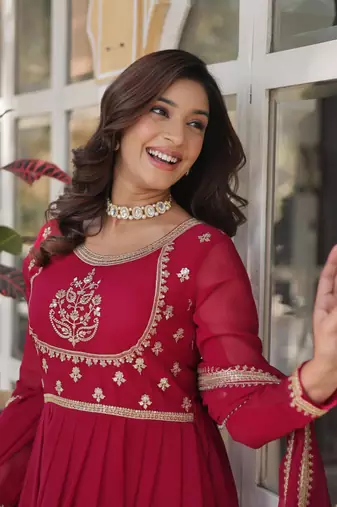Pink georgette sequins embroidered flared gown with heavy dupatta