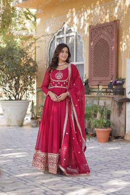 Pink georgette sequins embroidered flared gown with heavy dupatta 4