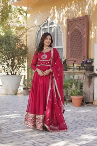 Pink georgette sequins embroidered flared gown with heavy dupatta