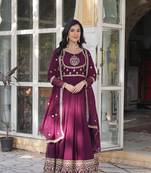 Wine georgette sequins embroidered flared gown with heavy dupatta