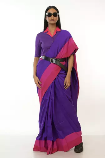 purple handloom acrylic cotton saree with red and pink border