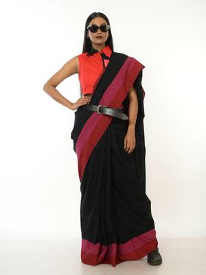 black handloom acrylic cotton saree with red and pink border 1