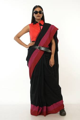 black handloom acrylic cotton saree with red and pink border
