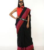black handloom acrylic cotton saree with red and pink border