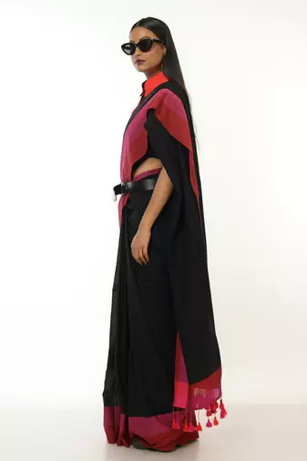 black handloom acrylic cotton saree with red and pink border