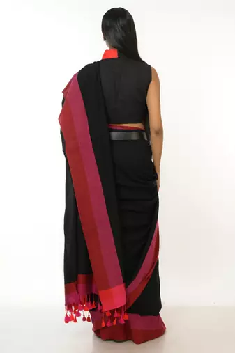 black handloom acrylic cotton saree with red and pink border