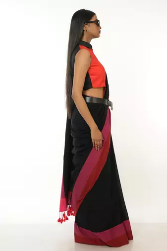 black handloom acrylic cotton saree with red and pink border