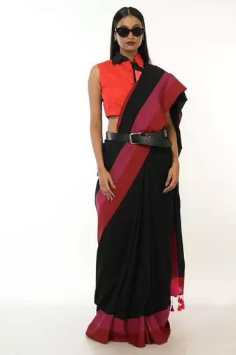black handloom acrylic cotton saree with red and pink border