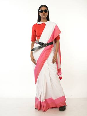 white handloom acrylic cotton saree with red and pink border 1