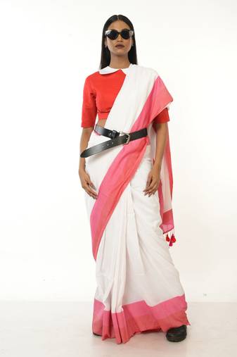 white handloom acrylic cotton saree with red and pink border