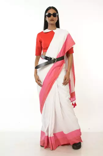 white handloom acrylic cotton saree with red and pink border