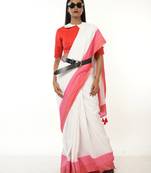 white handloom acrylic cotton saree with red and pink border
