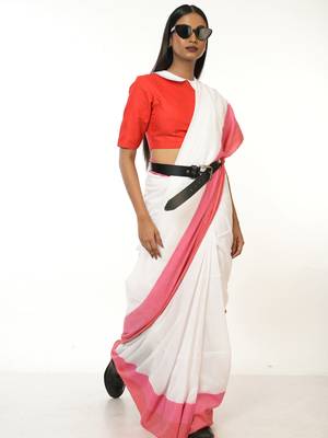 white handloom acrylic cotton saree with red and pink border 2